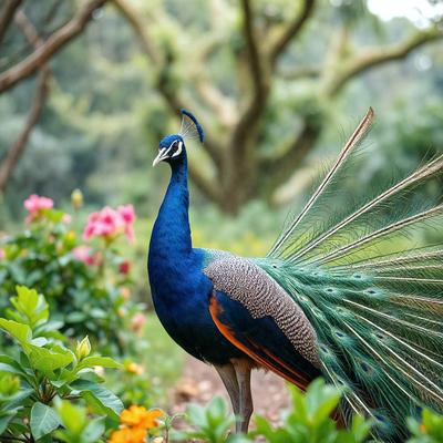 The primary subject of the image is a peacock standing in a garden. The peacock is prominently featured in the foreground, with its vibrant blue and green feathers on display. The setting is a garden with a variety of flowers, including pink flowers, which can be seen in the background. The visual style of the image is a photo, capturing the beauty of the peacock and its surroundings. The colors and mood of the image are lively and serene, with the pe